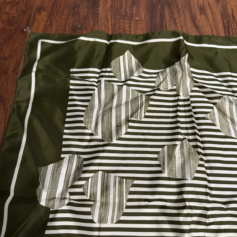 Vintage Japan 100% Acetate Twill Geometric Stripe Square Scarf Olive Green 22